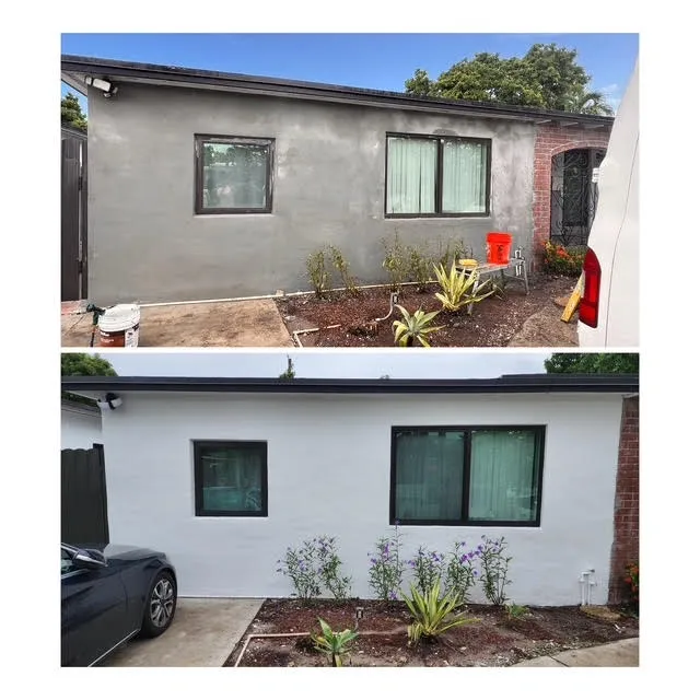 Stucco home exterior smoothed and repainted bright white