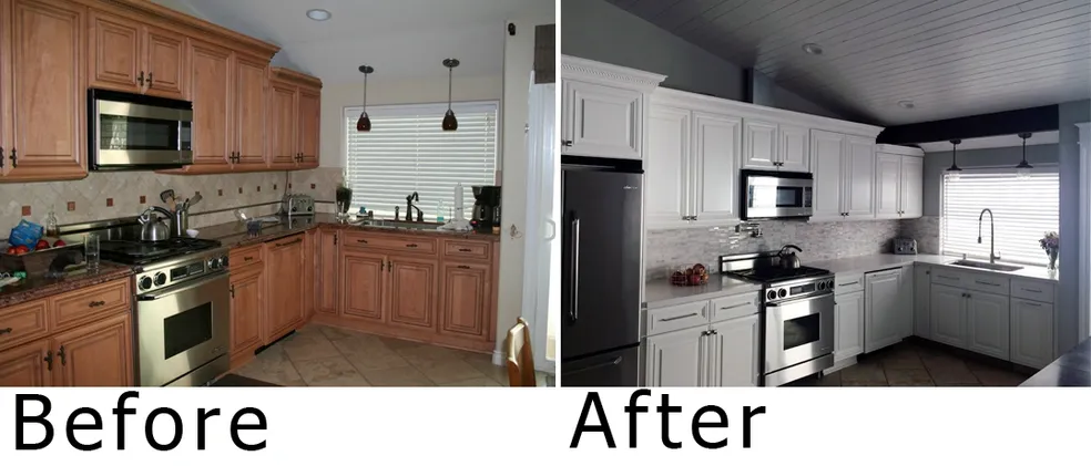 Kitchen cabinets refinished from oak to bright white