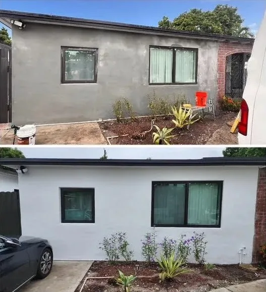 Before and after exterior stucco repair and painting