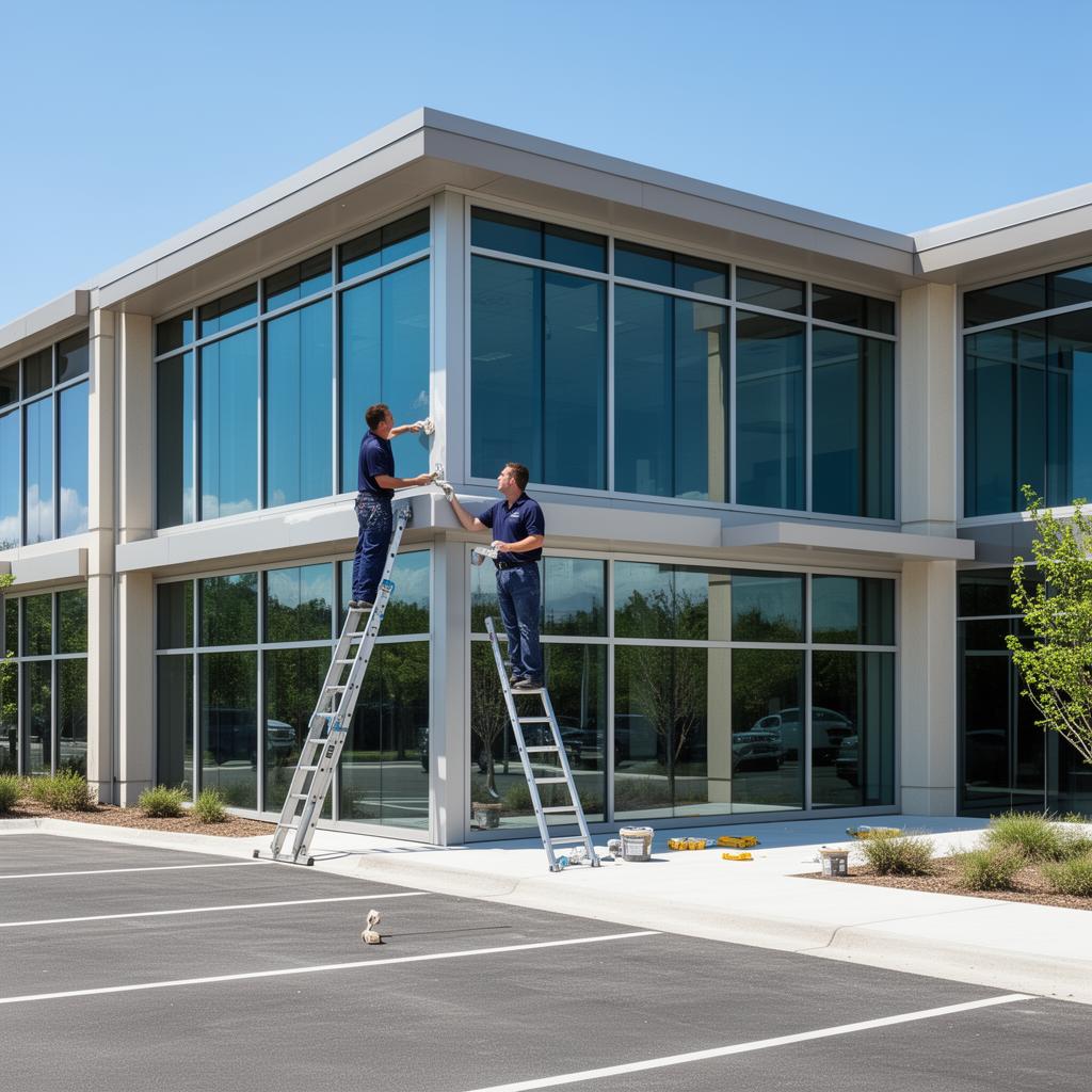 Maintenance crew touching up trim on a modern commercial office building