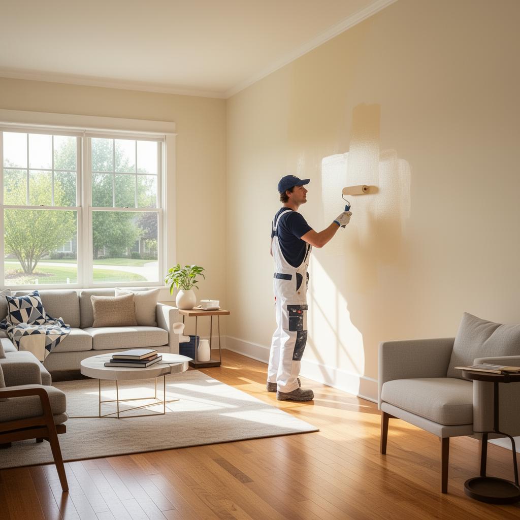 Professional painter rolling fresh paint in a bright suburban living room