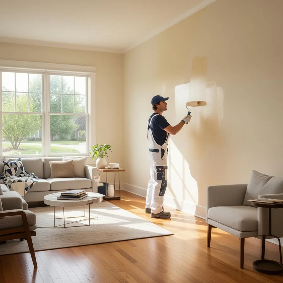 Professional painter rolling fresh paint in a bright suburban living room
